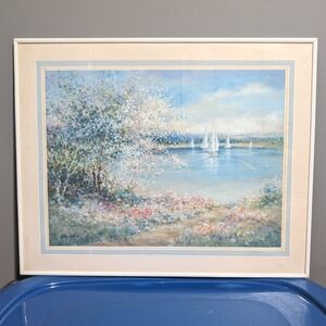 Vintage Nora Debolt art print Lakeside Sailboats framed
